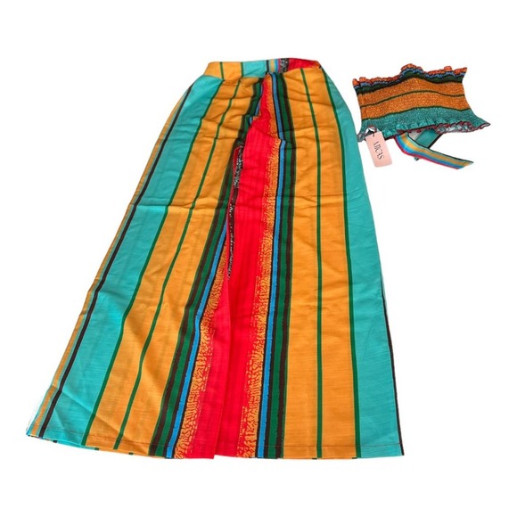 NWT Micas Top Pants Set Multicolored Stripes Knot Front Tube Top Wide Leg - Picture 3 of 11